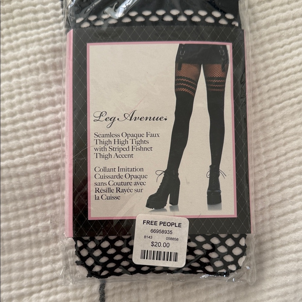 Leg Avenue Black Faux Thigh High Tights with Striped Fishnet Accent